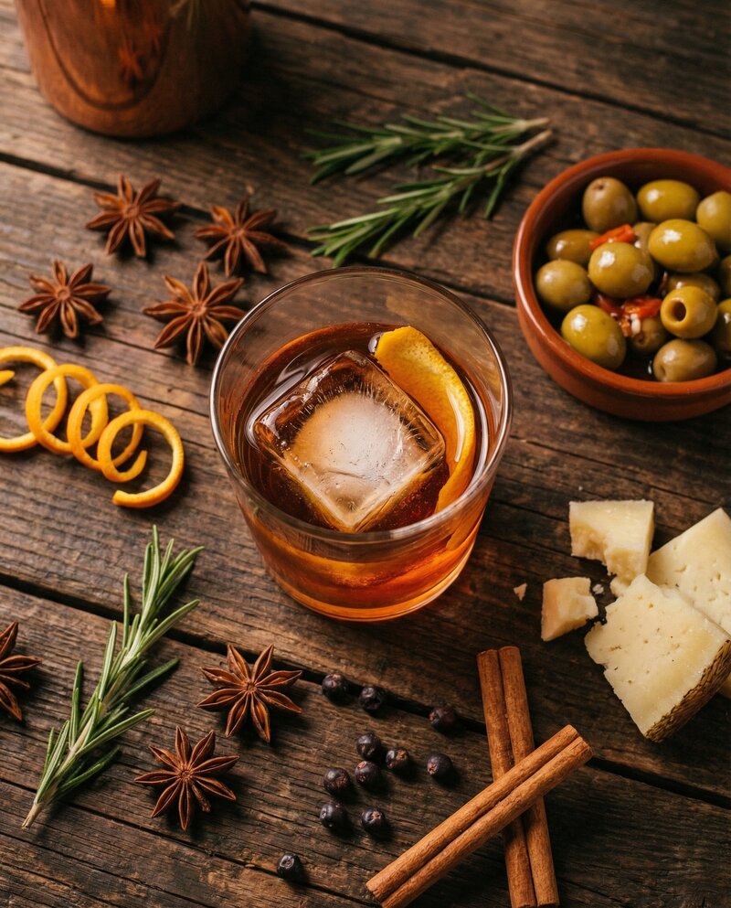 Botella de vermut experimental con botánicos frescos, hierbas aromáticas y especias para degustación en taller de vermut Córdoba