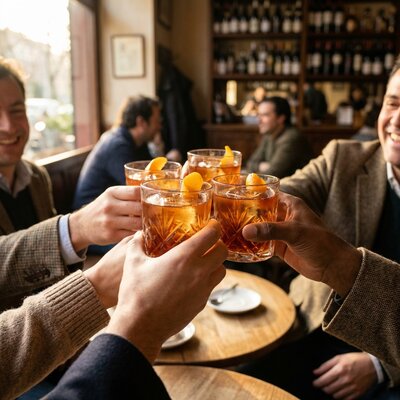 Copa de vermut rojo con hielo y naranja en after vermutero Córdoba